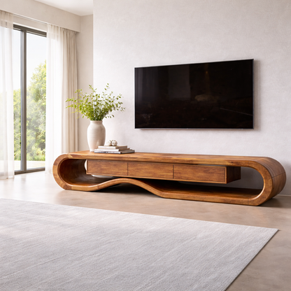 Solid Wood TV Stand with Curved Design and Ample Storage Kitchnce