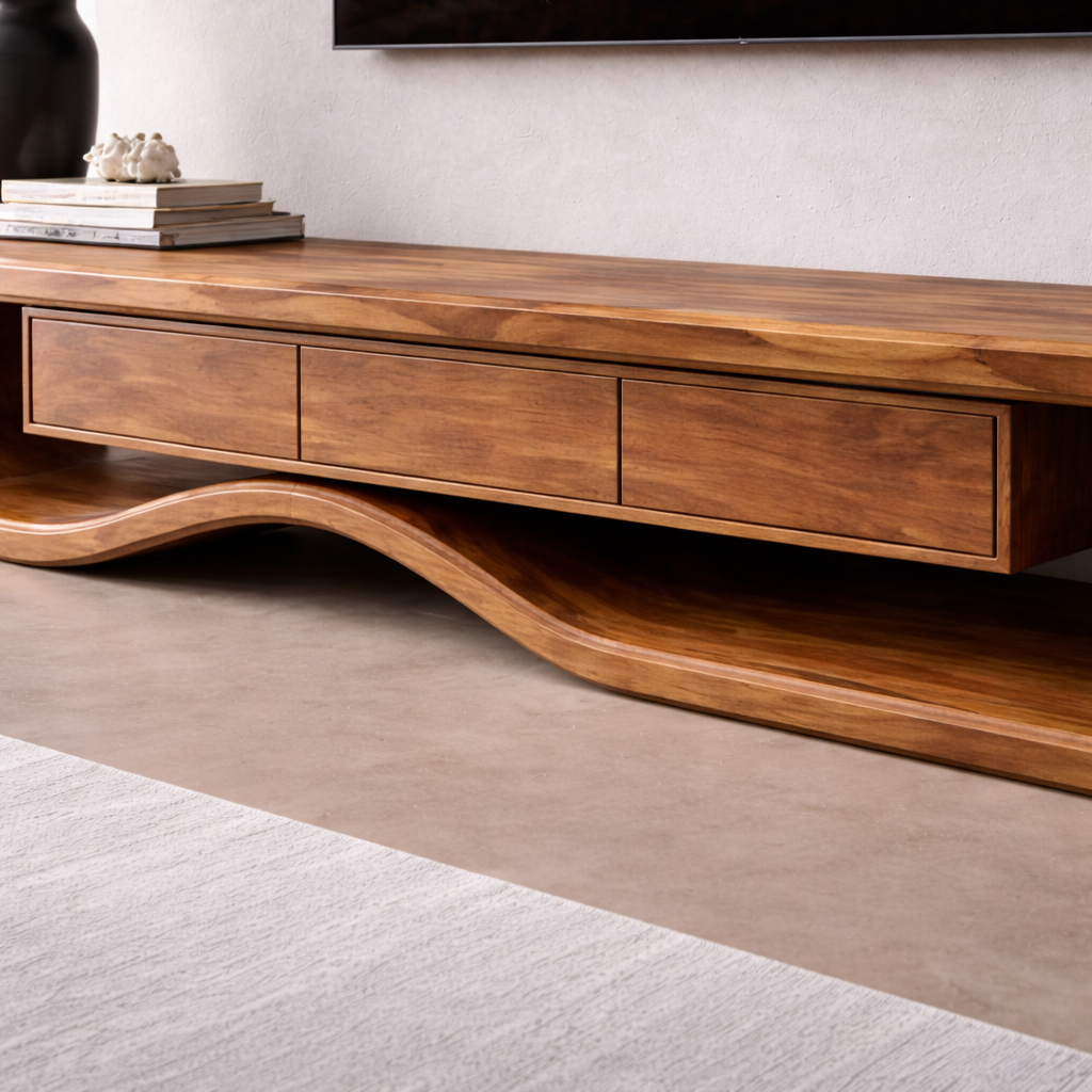 Solid Wood TV Stand with Curved Design and Ample Storage Kitchnce