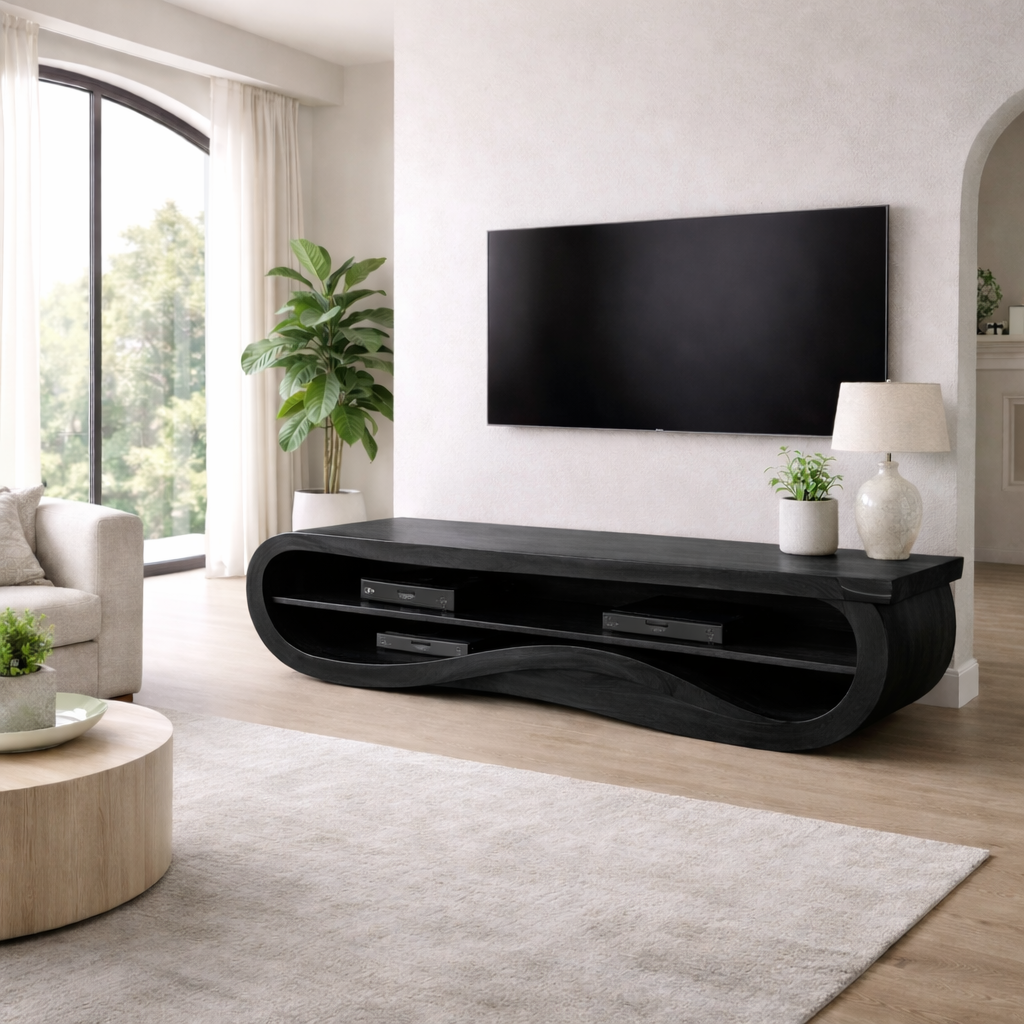 Solid Wood TV Stand with Curved Design – Modern & Functional Kitchnce