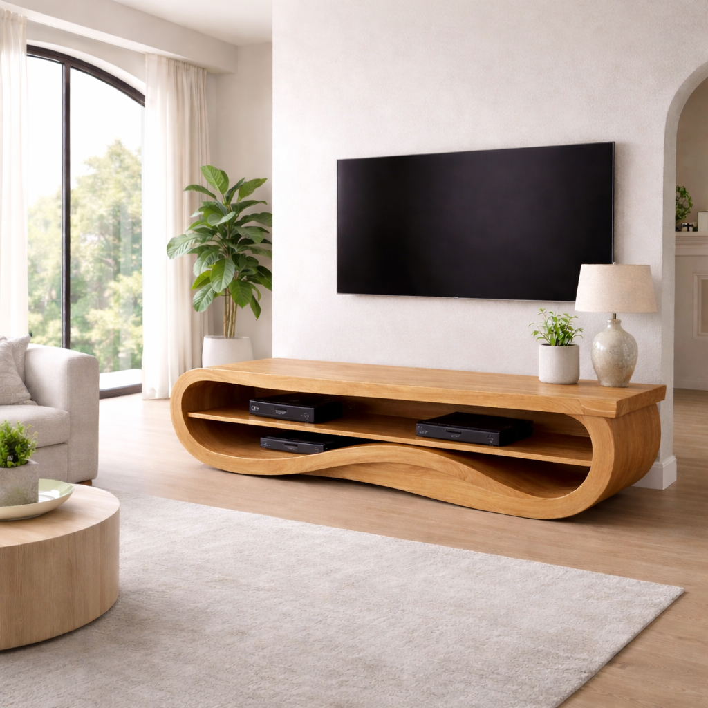 Solid Wood TV Stand with Curved Design – Modern & Functional Kitchnce