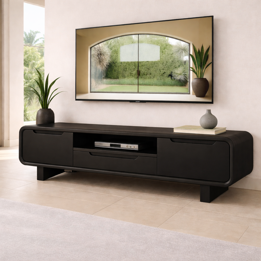 Modern Solid Wood TV Stand with Curved Design – Stylish TV Unit for Living Room Kitchnce