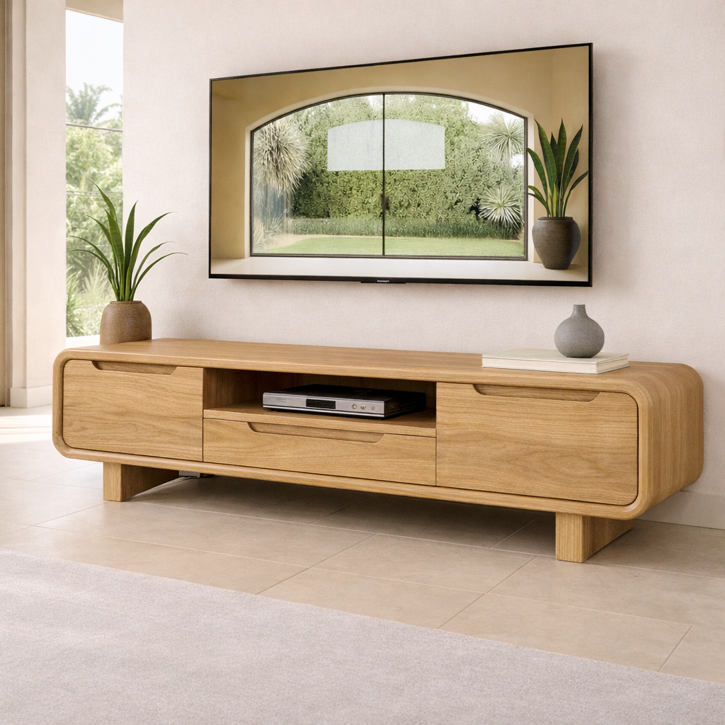 Modern Solid Wood TV Stand with Curved Design – Stylish TV Unit for Living Room Kitchnce