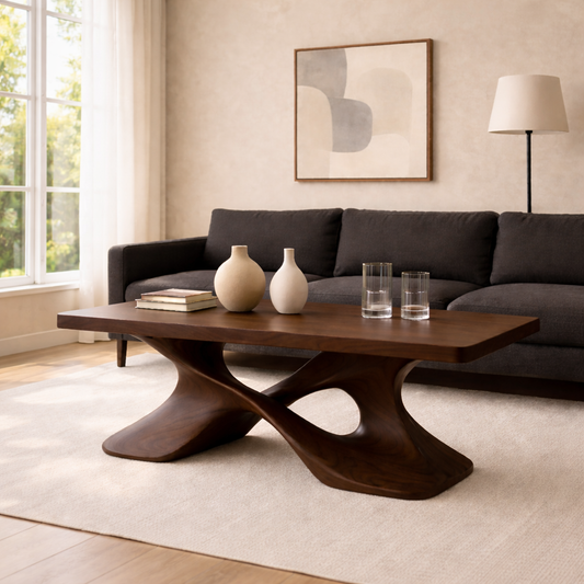 Elegant Solid Wood Coffee Table with Curved Base – Modern Living Room Decor Kitchnce