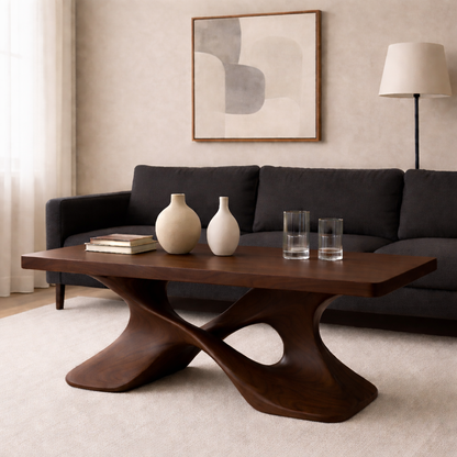 Elegant Solid Wood Coffee Table with Curved Base – Modern Living Room Decor Kitchnce