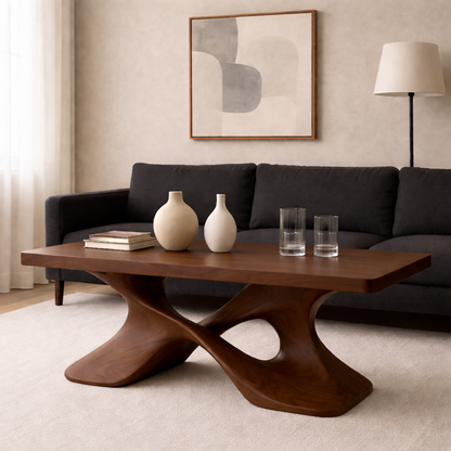 Elegant Solid Wood Coffee Table with Curved Base – Modern Living Room Decor Kitchnce