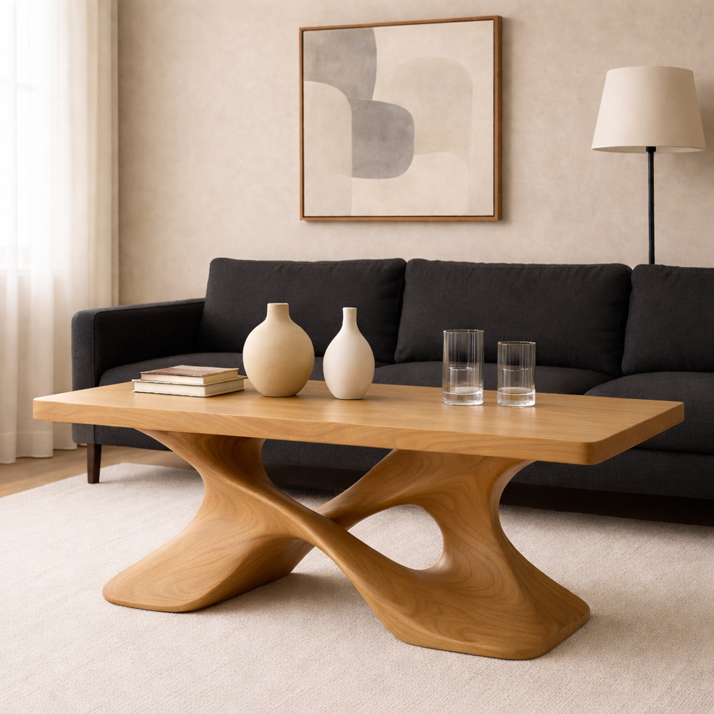 Elegant Solid Wood Coffee Table with Curved Base – Modern Living Room Decor Kitchnce