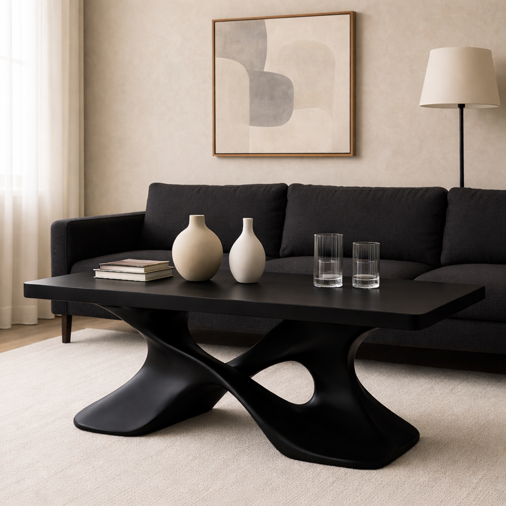 Elegant Solid Wood Coffee Table with Curved Base – Modern Living Room Decor Kitchnce