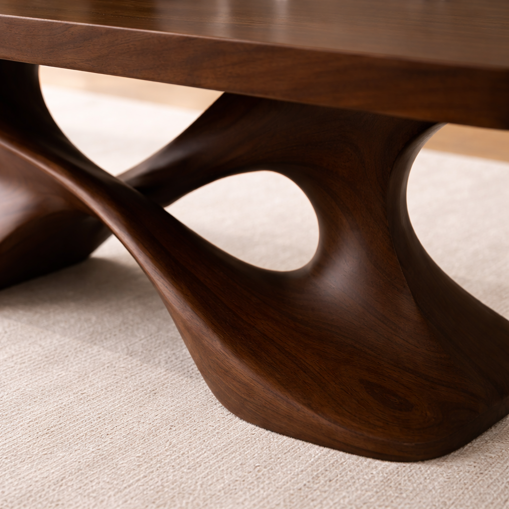 Elegant Solid Wood Coffee Table with Curved Base – Modern Living Room Decor Kitchnce