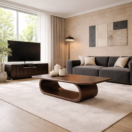Minimalist Solid Wood Coffee Table with Sleek Curved Base – Modern Living Room Style Kitchnce