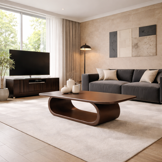 Minimalist Solid Wood Coffee Table with Sleek Curved Base – Modern Living Room Style Kitchnce