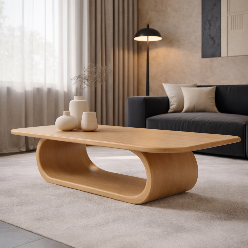 Minimalist Solid Wood Coffee Table with Sleek Curved Base – Modern Living Room Style Kitchnce