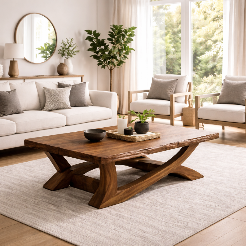 Rustic Solid Wood Coffee Table with Live Edge Design – Natural Charm for Living Rooms Kitchnce