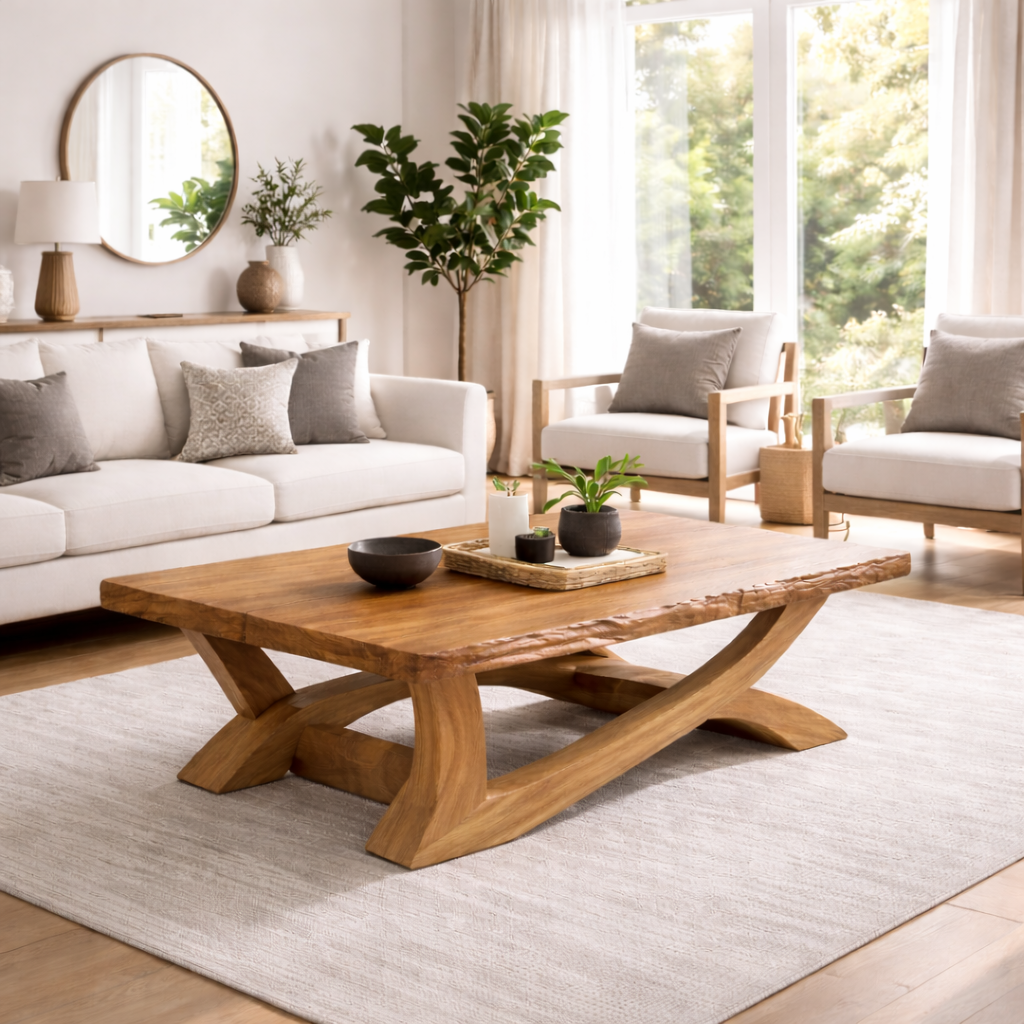 Rustic Solid Wood Coffee Table with Live Edge Design – Natural Charm for Living Rooms Kitchnce