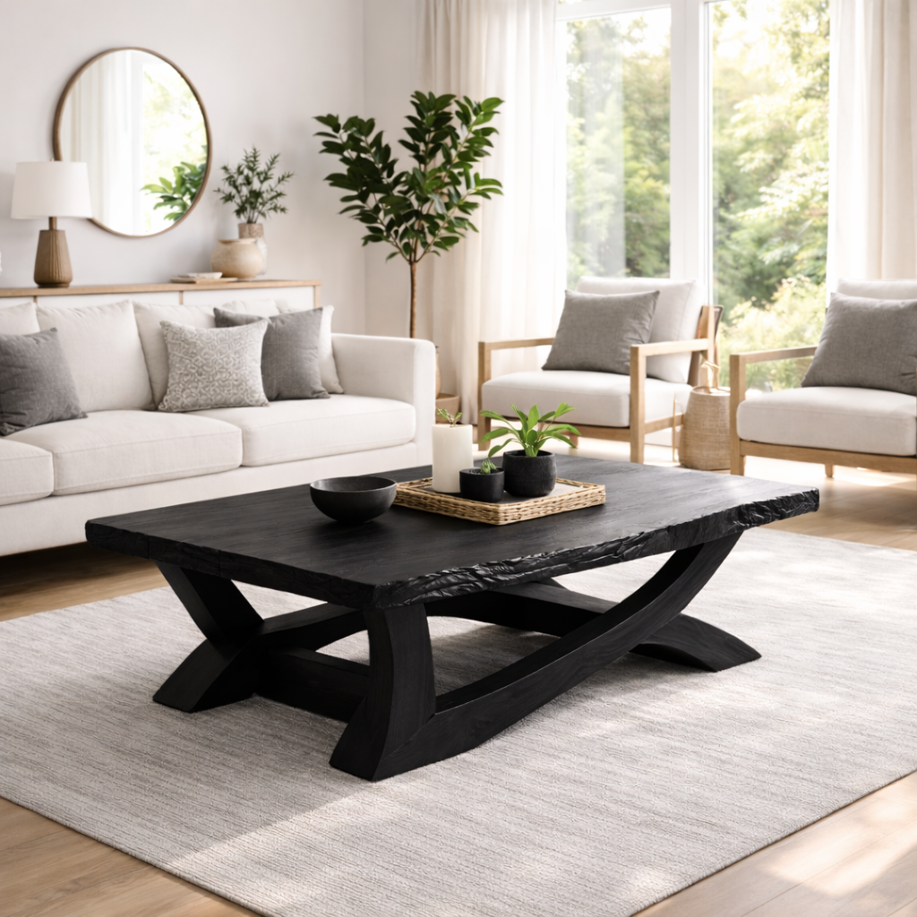Rustic Solid Wood Coffee Table with Live Edge Design – Natural Charm for Living Rooms Kitchnce