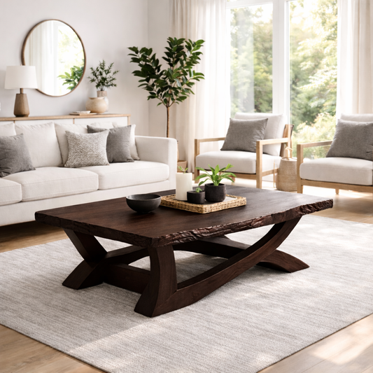 Rustic Solid Wood Coffee Table with Live Edge Design – Natural Charm for Living Rooms Kitchnce