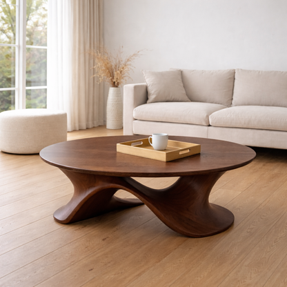 Sculptural Solid Wood Coffee Table – Modern Twisted Design Living Room Centerpiece Kitchnce