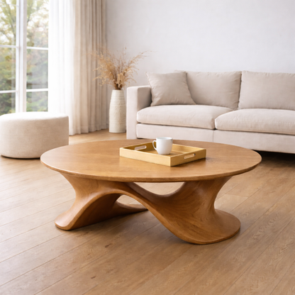 Sculptural Solid Wood Coffee Table – Modern Twisted Design Living Room Centerpiece Kitchnce