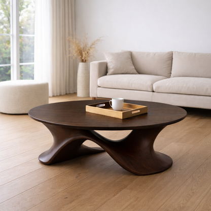 Sculptural Solid Wood Coffee Table – Modern Twisted Design Living Room Centerpiece Kitchnce