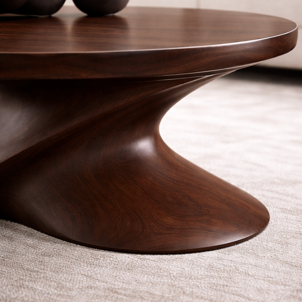 Modern Solid Wood Coffee Table with Sculptural Base – Contemporary Round Coffee Table Kitchnce
