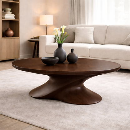 Modern Solid Wood Coffee Table with Sculptural Base – Contemporary Round Coffee Table Kitchnce