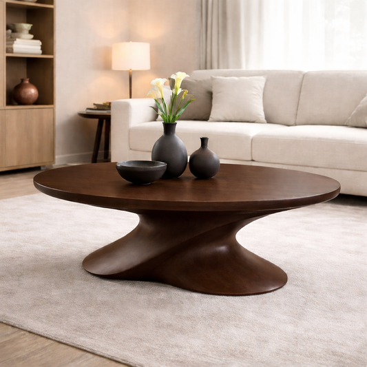 Modern Solid Wood Coffee Table with Sculptural Base – Contemporary Round Coffee Table Kitchnce
