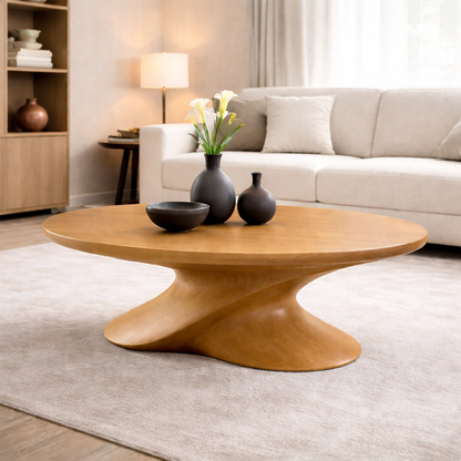 Modern Solid Wood Coffee Table with Sculptural Base – Contemporary Round Coffee Table Kitchnce