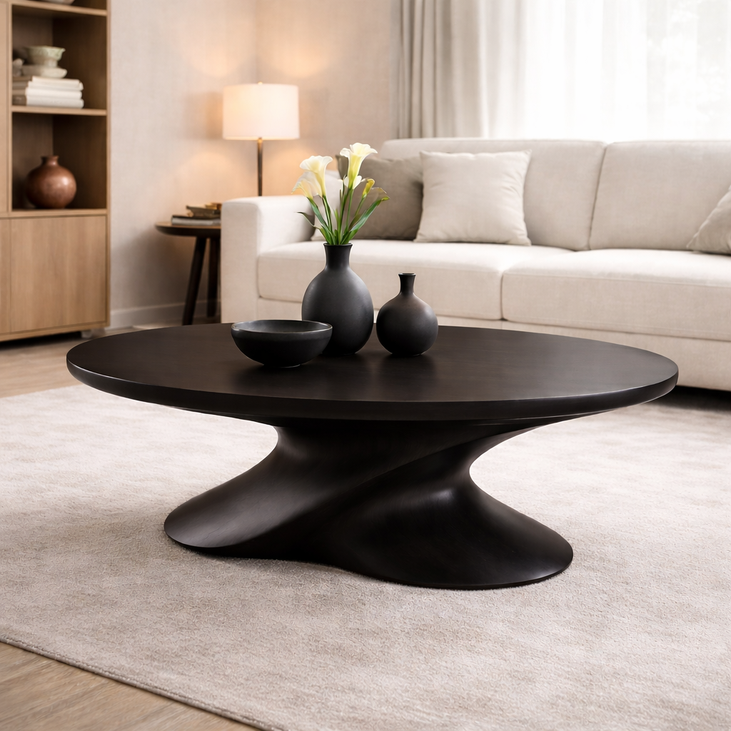 Modern Solid Wood Coffee Table with Sculptural Base – Contemporary Round Coffee Table Kitchnce