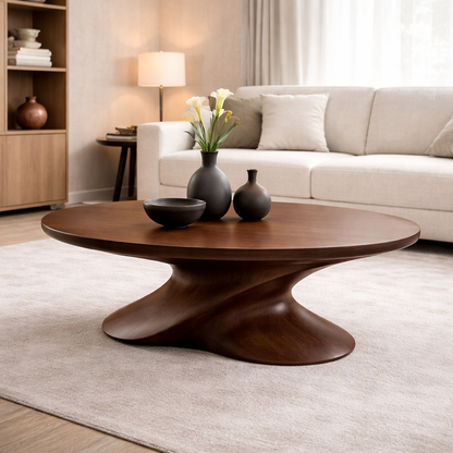 Modern Solid Wood Coffee Table with Sculptural Base – Contemporary Round Coffee Table Kitchnce