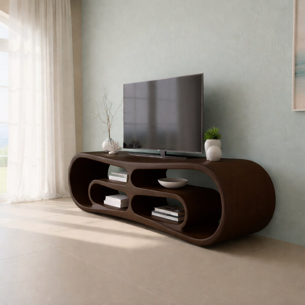 Modern Solid Wood TV Stand with Curved Design & Open Shelving - Stylish Living Room Storage Kitchnce