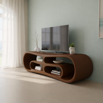 Modern Solid Wood TV Stand with Curved Design & Open Shelving - Stylish Living Room Storage Kitchnce