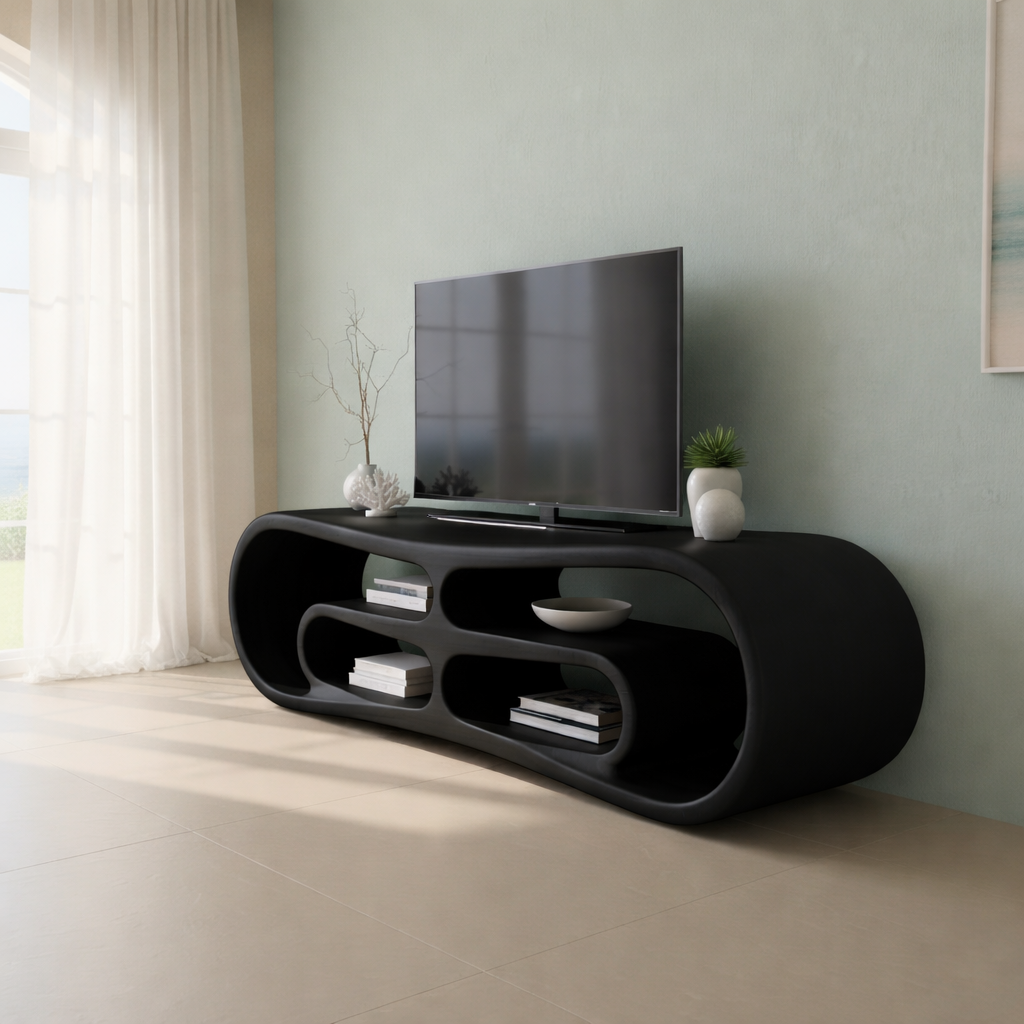Modern Solid Wood TV Stand with Curved Design & Open Shelving - Stylish Living Room Storage Kitchnce