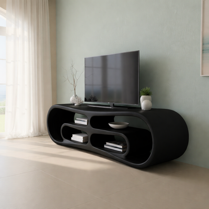 Modern Solid Wood TV Stand with Curved Design & Open Shelving - Stylish Living Room Storage Kitchnce