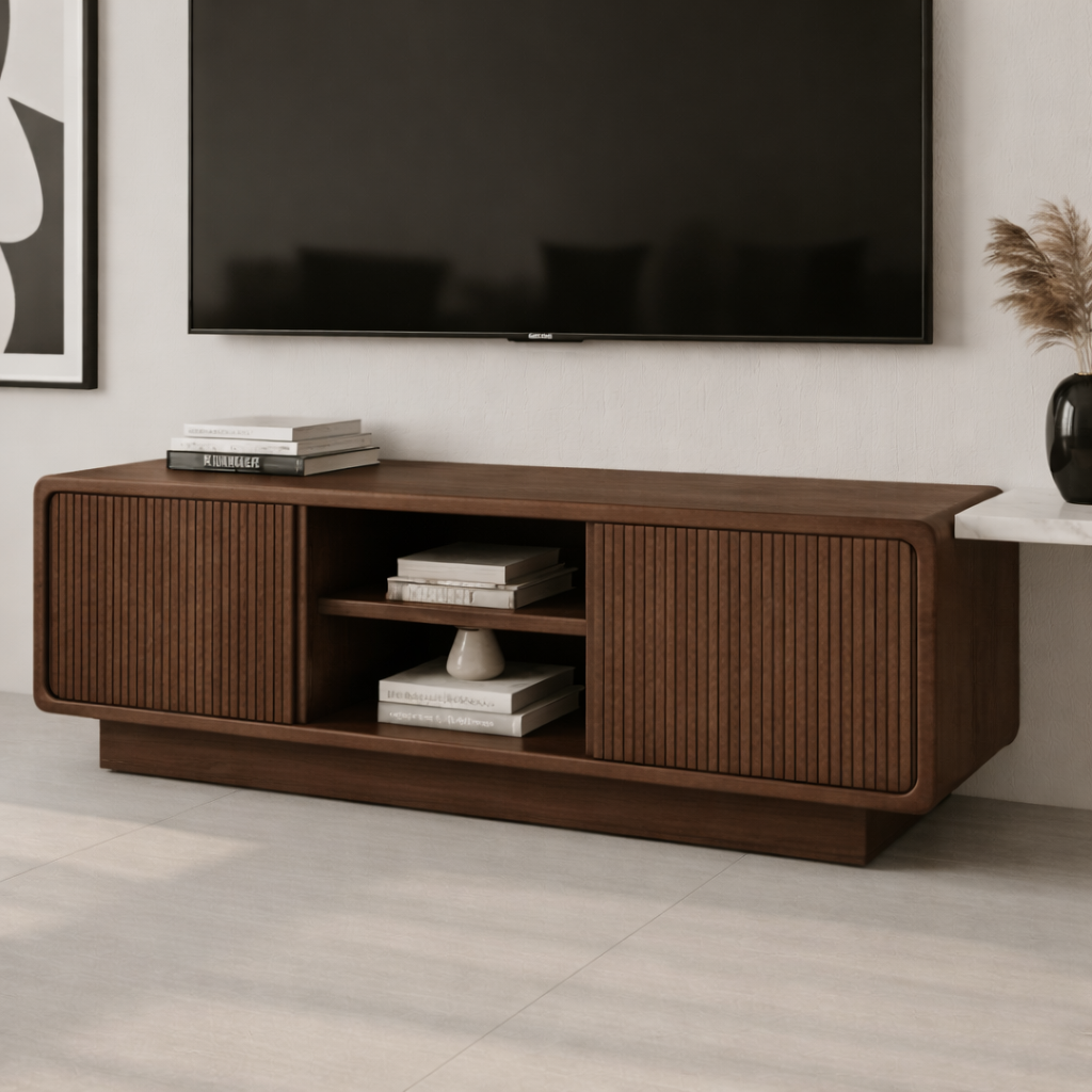 Solid Wood TV Stand with Rattan Detailing – Stylish Storage for Living Room Kitchnce
