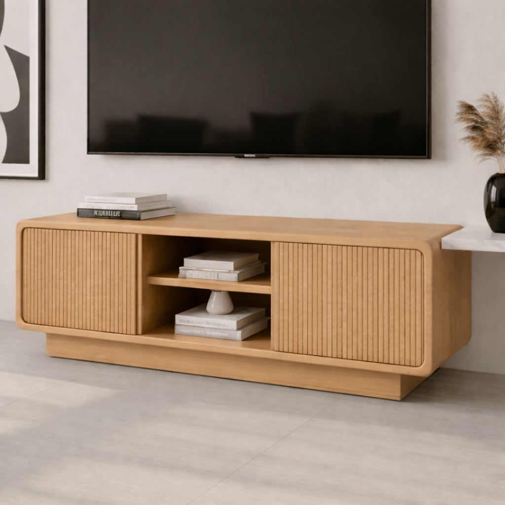 Solid Wood TV Stand with Rattan Detailing – Stylish Storage for Living Room Kitchnce