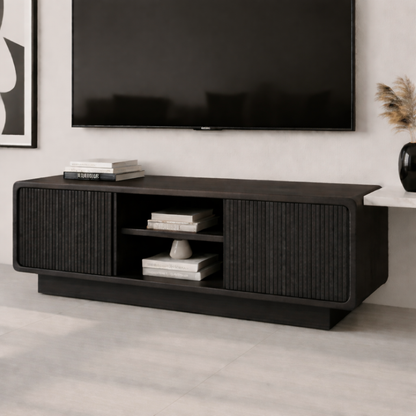 Solid Wood TV Stand with Rattan Detailing – Stylish Storage for Living Room Kitchnce