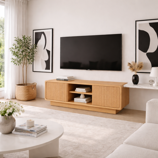 Solid Wood TV Stand with Rattan Detailing – Stylish Storage for Living Room Kitchnce