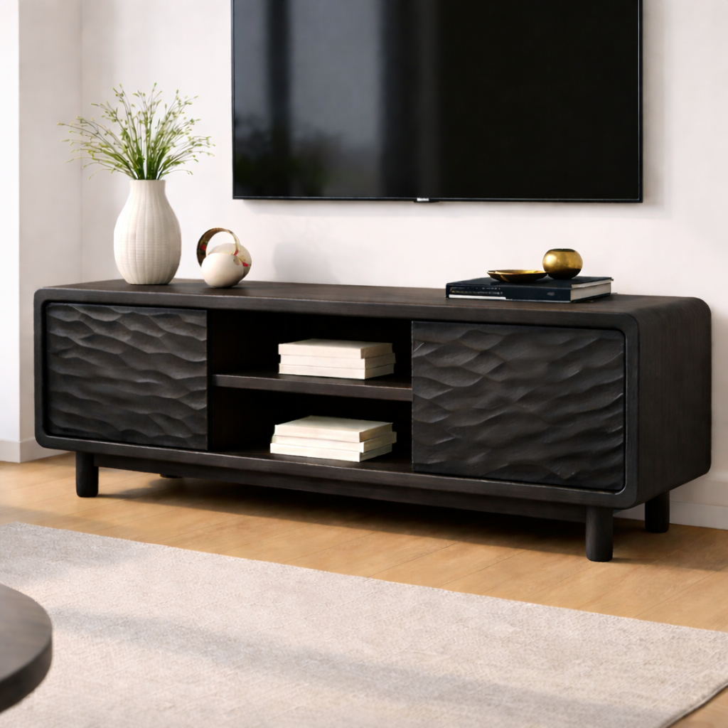 Solid Wood TV Stand with Wave-Pattern Doors & Open Shelving - Modern Living Room Design Kitchnce
