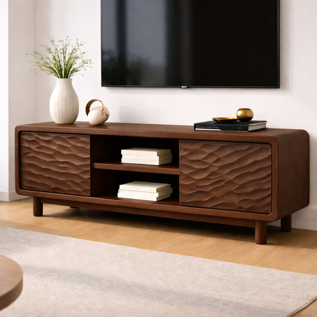 Solid Wood TV Stand with Wave-Pattern Doors & Open Shelving - Modern Living Room Design Kitchnce