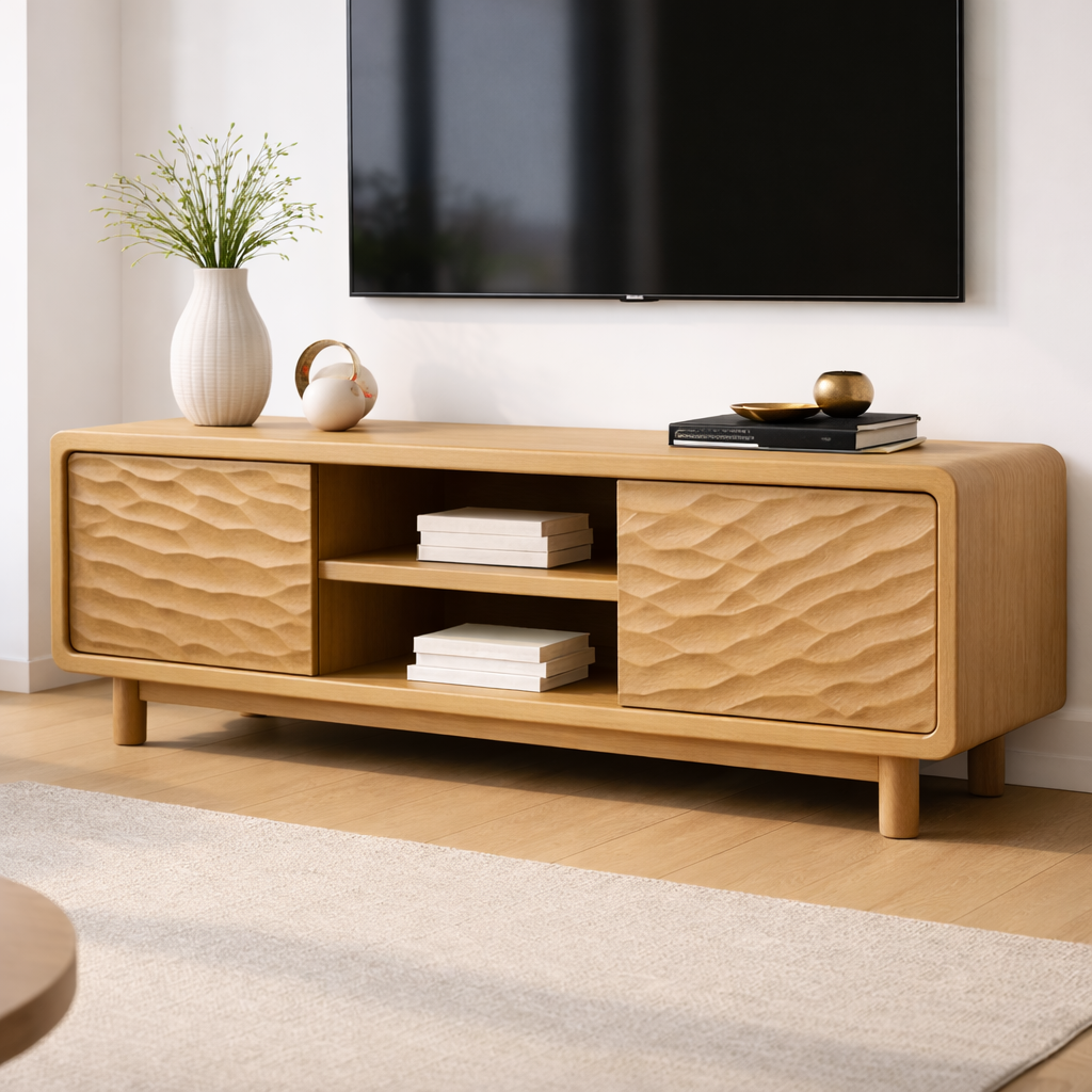 Solid Wood TV Stand with Wave-Pattern Doors & Open Shelving - Modern Living Room Design Kitchnce