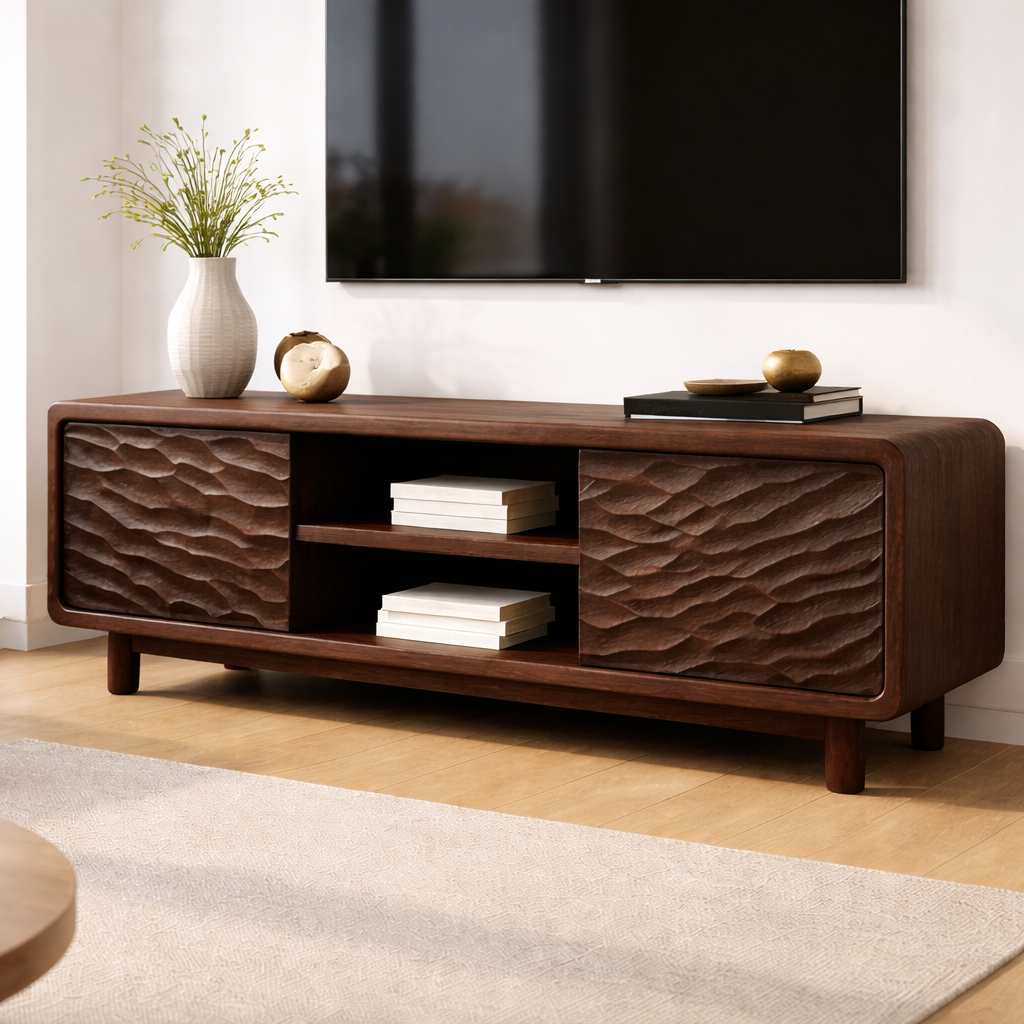 Solid Wood TV Stand with Wave-Pattern Doors & Open Shelving - Modern Living Room Design Kitchnce