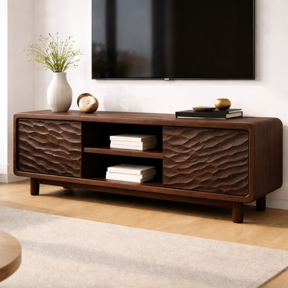 Solid Wood TV Stand with Wave-Pattern Doors & Open Shelving - Modern Living Room Design Kitchnce