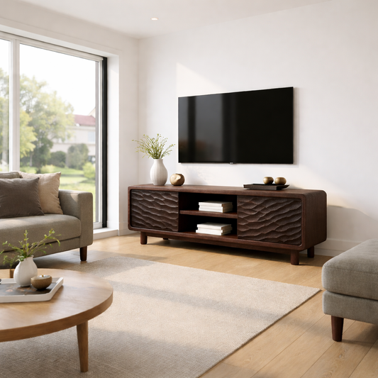 Solid Wood TV Stand with Wave-Pattern Doors & Open Shelving - Modern Living Room Design Kitchnce