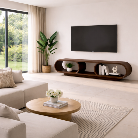 Contemporary Solid Wood TV Stand with Oval Open Storage and Stylish Design Kitchnce