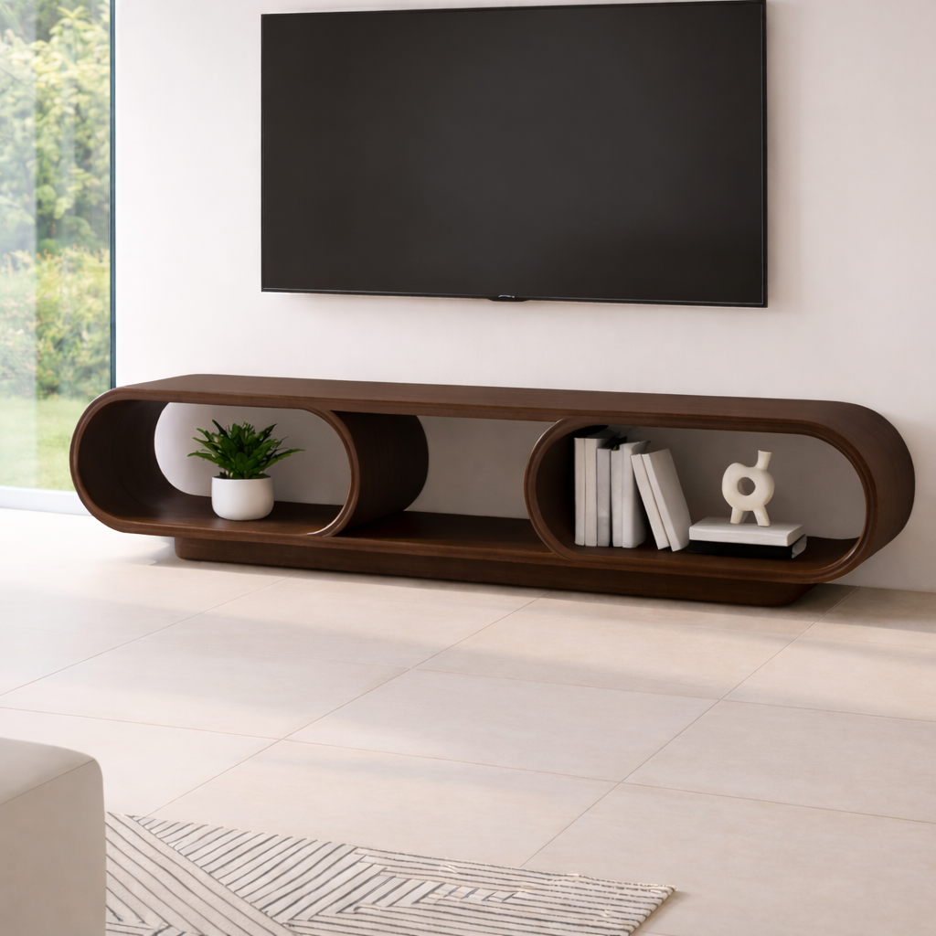 Contemporary Solid Wood TV Stand with Oval Open Storage and Stylish Design Kitchnce