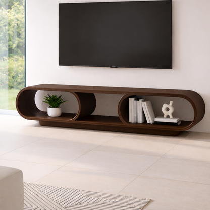 Contemporary Solid Wood TV Stand with Oval Open Storage and Stylish Design Kitchnce