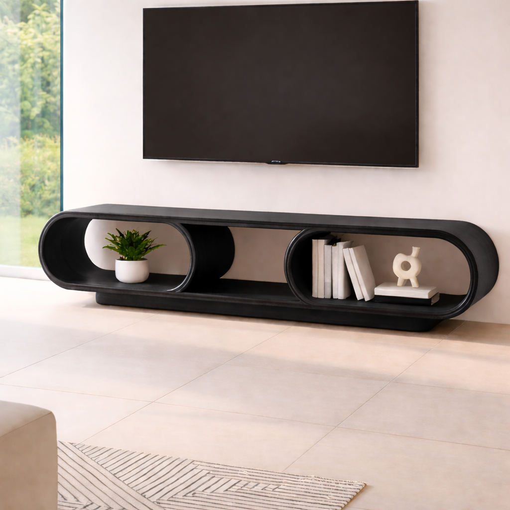 Contemporary Solid Wood TV Stand with Oval Open Storage and Stylish Design Kitchnce