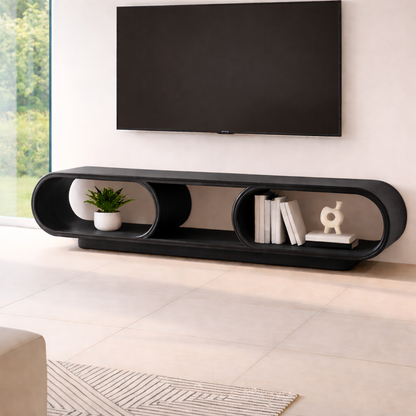 Contemporary Solid Wood TV Stand with Oval Open Storage and Stylish Design Kitchnce