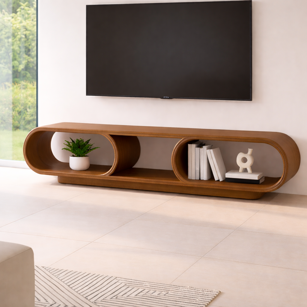 Contemporary Solid Wood TV Stand with Oval Open Storage and Stylish Design Kitchnce