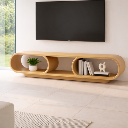 Contemporary Solid Wood TV Stand with Oval Open Storage and Stylish Design Kitchnce