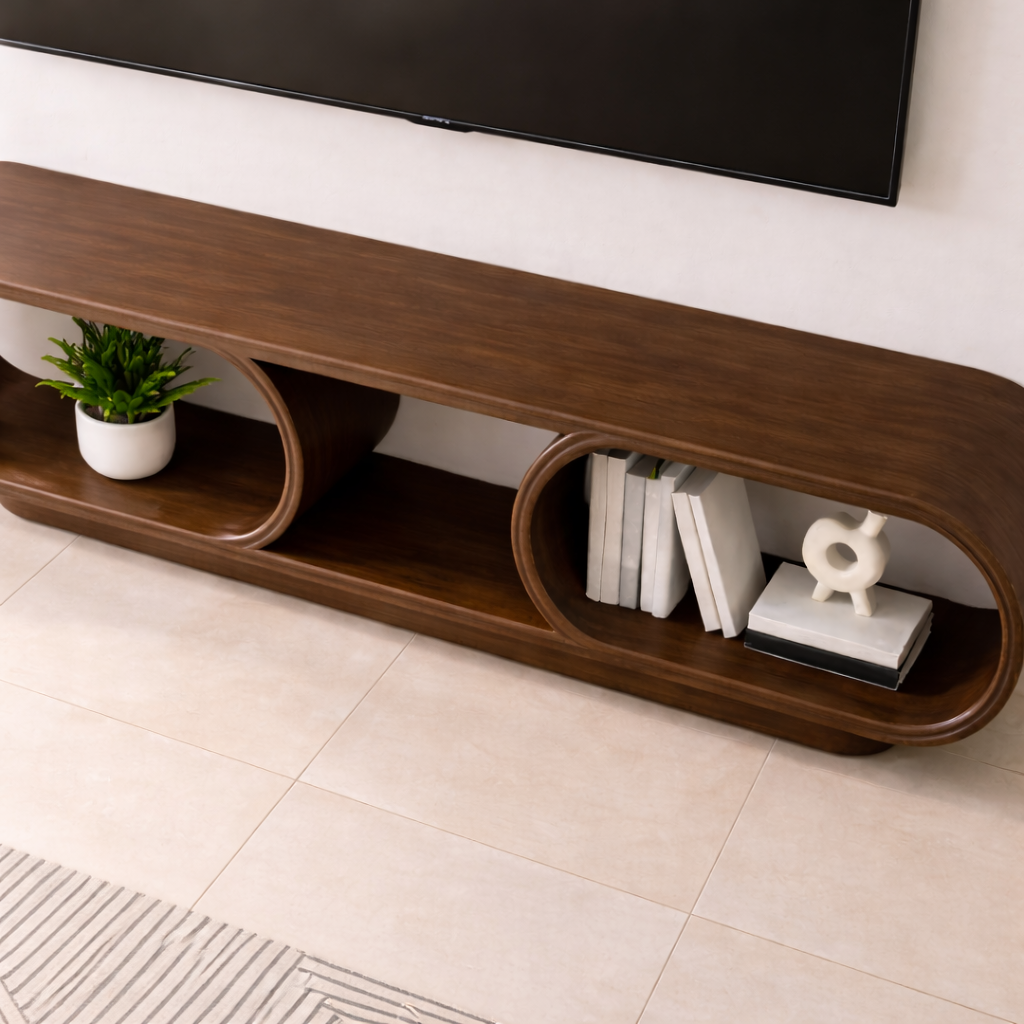 Contemporary Solid Wood TV Stand with Oval Open Storage and Stylish Design Kitchnce